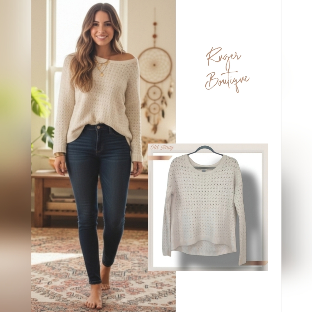 🌿Old Navy Womens Medium Cotton Blend Knit High-Low Sweater in Ivory-Ador